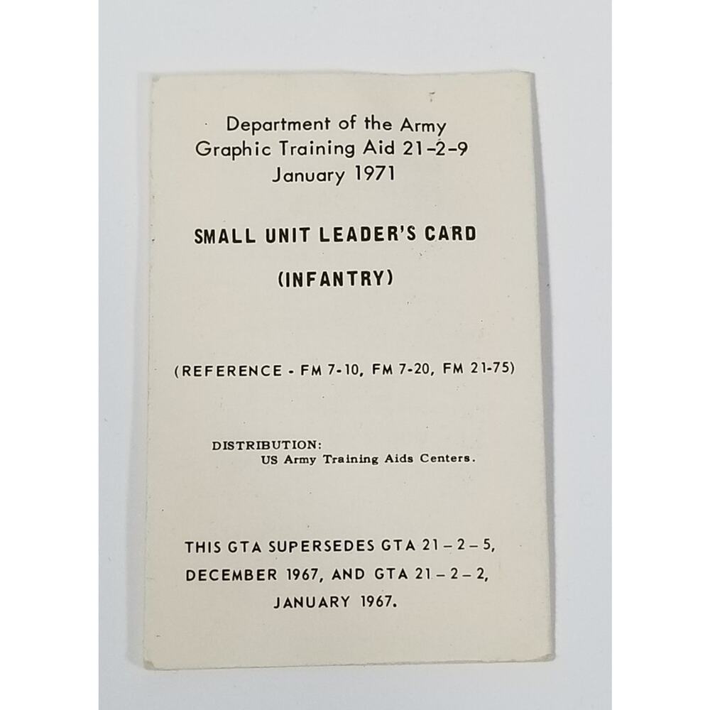 Vintage 1971 US Army GTA 21-2-9 Small Unit Leader's Card Infantry Vietnam Era